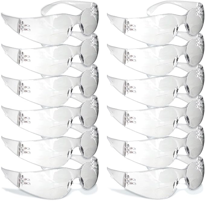 Safety Glasses with Readers - Clear | Polycarbonate Frame with UV400 Protection | Scratch Resistant Coating Bifocal Wrap Around Safety Glasses | 1.0-12PK