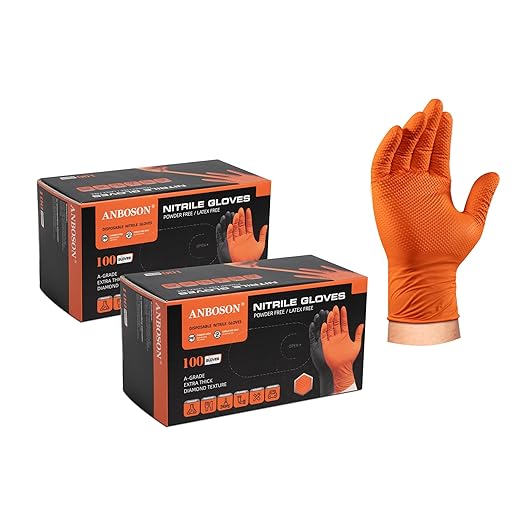 10mil Disposable-Nitrile Chemical-Resistant Rubber-Gloves for Men - Mechanics Gloves Heavy Duty, Latex Free, Automotive (Orange 200 Counts, X-Large)