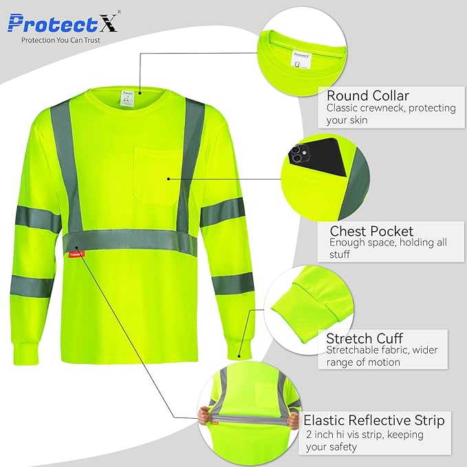 ProtectX Men's High Visibility Heavy Duty Long Sleeve Reflective Safety T-Shirts for Construction, Class 2-3 Type R