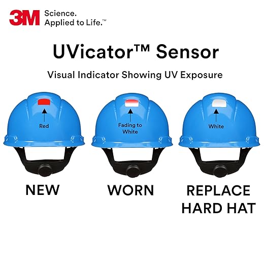 3M Hard Hat SecureFit H-703SFV-UV, Blue, Vented Cap Style Safety Helmet with Uvicator Sensor, 4-Point Pressure Diffusion Ratchet Suspension, ANSI Z87.1