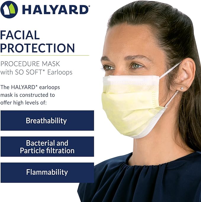 HALYARD FLUIDSHIELD 1 Disposable Procedure Mask w/SO SOFT Lining and SO SOFT Earloops, Yellow, Level 1, 25867 (Box of 50)