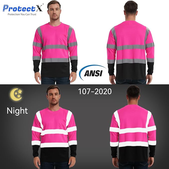 ProtectX Men's High Visibility Heavy Duty Long Sleeve Reflective Safety T-Shirts for Construction, Class 2-3 Type R