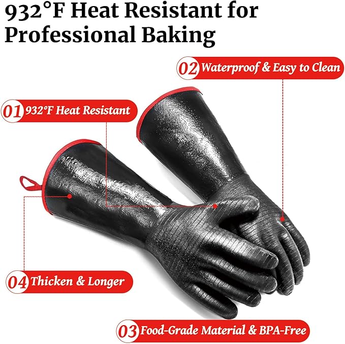 BBQ Grill Gloves, 932°F Heat Resistant Grilling Gloves 14in Waterproof Long Sleeve Barbecue Gloves for Fryer Turkey Baking Smoker Rotisserie BPA-Free