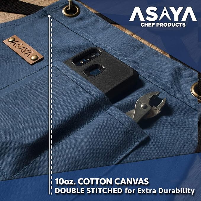 Asaya Chef and BBQ Apron with Bottle Opener and Hand Towel - 10oz Cotton Canvas, Stainless Steel Hardware - Cross Back Straps