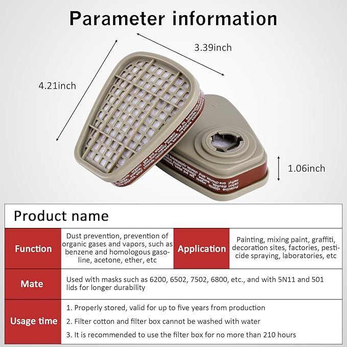 Respirator Cartridges& Filters(10 Pairs) - 6001 Filter Cartridges for Respirator, Particulate Filter Against Organic Vapors, Dust, Acid Gases Compatible with 6000, 7000, FF-400 Series Respirator