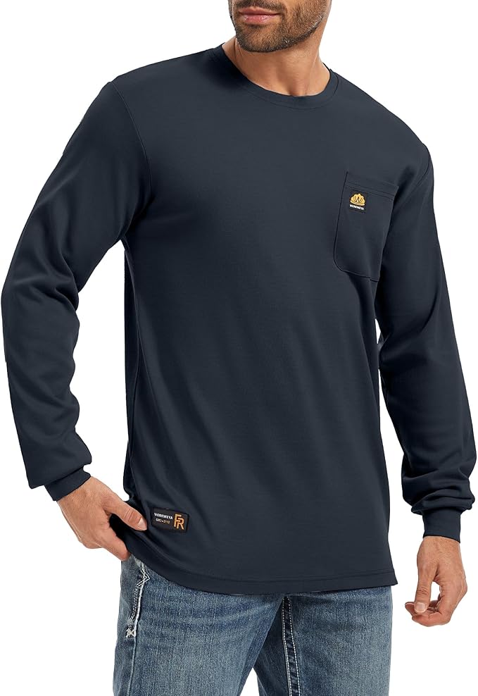 WORKWEYA Men's FR Shirts 6.5oz Lightweight Long Sleeve Flame Resistant T-Shirt NFPA 2112/CAT2