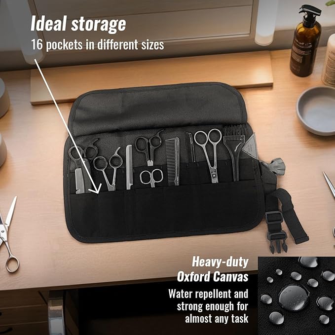Under NY Sky Salon Scissors Roll Up Holder – Professional Oxford Canvas Pouch Case for Hair Stylists, Barbers & Hairdressers – Portable Storage Organizer for Hair Cutting Shears & Salon Tools - Black