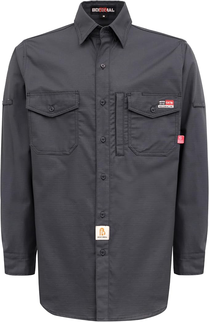 BOCOMAL FR Shirts 6oz Ripstop Durable Rugged Zipper Pocket Water Repellent Finish Fire Resistant Shirt-CAT2