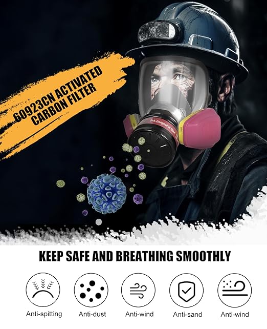 Full Face Gas Mask Respirator: Survival Nuclear and Chemical Reusable Respirator Mask with Filters 60923, Activated Carbon 40mm Filter for Painting Mold Dust Epoxy Resin Welding Polishing