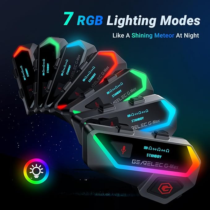 gearelec Motorcycle Helmet Bluetooth Headset V5.2BT【HiFi Stereo Sound】【Screen and RGB Lights】 80Mph Clear Calls Helmet Communication Systems 2000M 6 Riders Intercomunicador para Casco De Moto 2 Pack