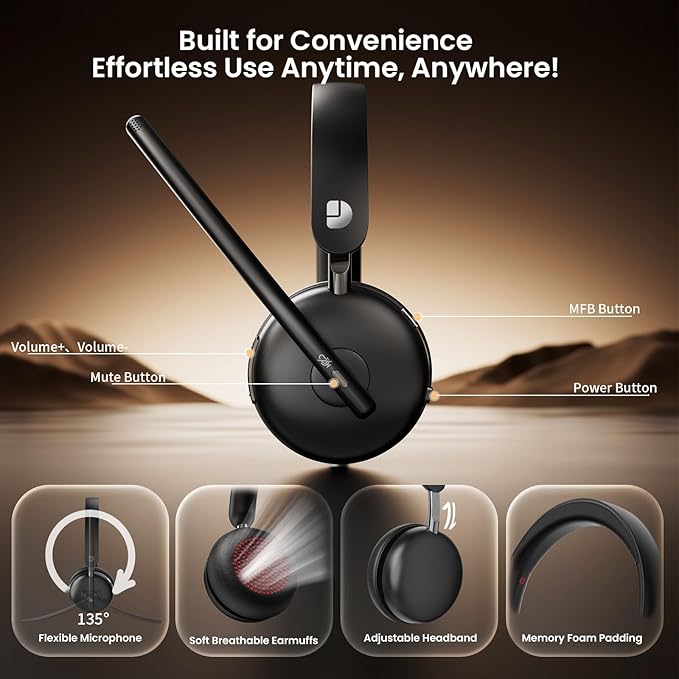 Bluetooth 5.3 Headset, Wireless Headset with Mic for Work (AI Noise Cancelling), Wireless Headphones with Mic & USB Dongle, 65H & Mute Function, Fit for PC/Call Center/Computer/Laptop/Teams