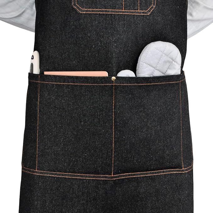 Professional Black Denim Apron with Pockets for Cooking Chef Kitchen Grill BBQ Hairstylist Painting, Mens Womens Apron with Leather Cross Back Straps