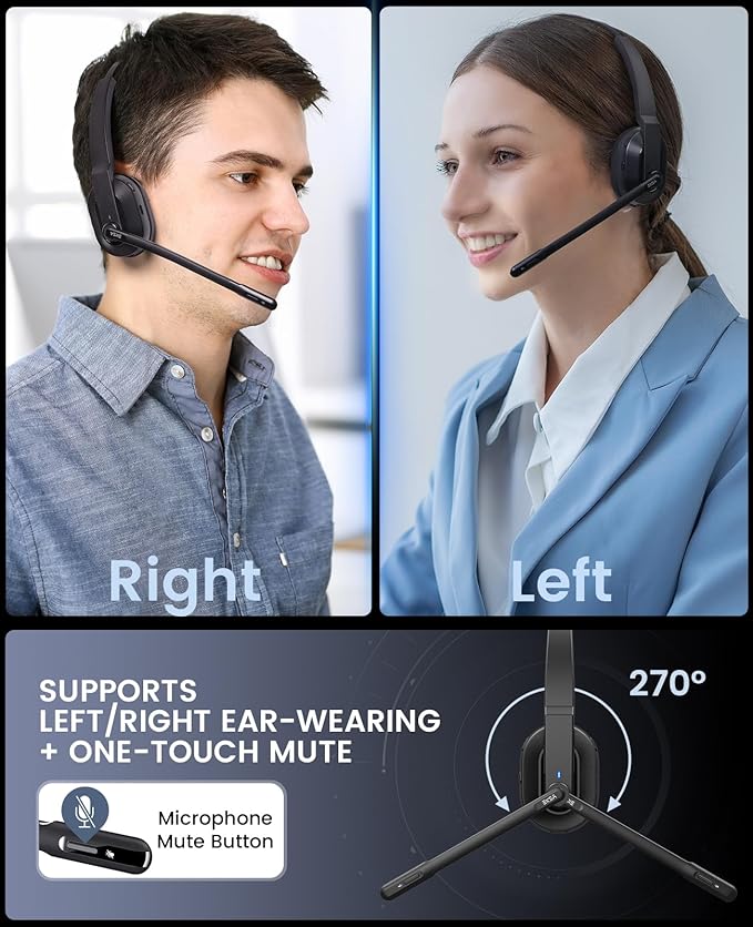 EKSA H5SE Bluetooth Headset, Wireless Headset with Microphone ENC Noise Cancellation [45hrs Playtime & 33ft Range], Wireless Business Headphones for Office/HomeOffice/Remote Work/Call Center