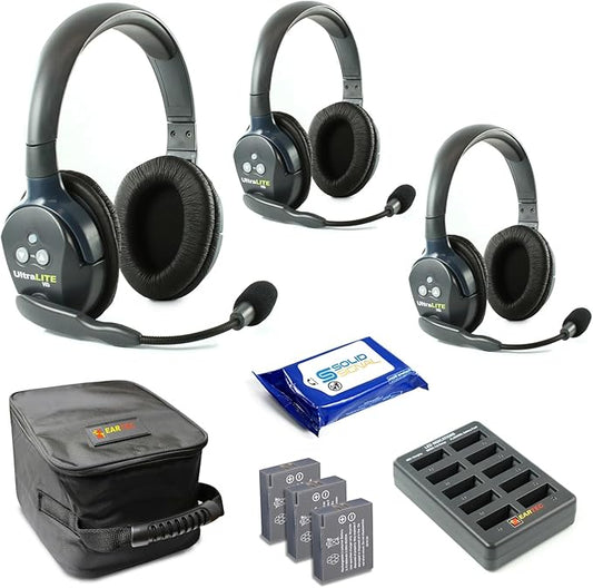 Eartec UL3D Ultralite Full Duplex Wireless Headset Communication for 3 Users - 3 Dual Ear Headsets with SolidSignal Cleaning Wipes Bundle