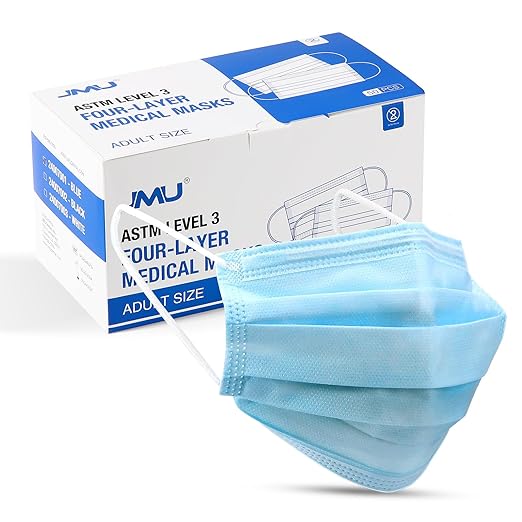 JMU 4-Ply Disposable ASTM Level 3 Face Masks, Comfortable, Soft, Breathable Face Mask for Adults, 50 Pack