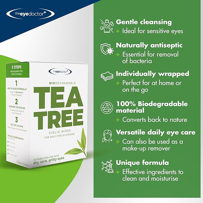 The Eye Doctor Tea Tree Oil Eyelid Wipes x20- - Eyelid Wipes For Blepharitis, MGD, Dry Eye & Demodex - Eyelid Cleanser - Lid Scrub For Eyes - Eyelid Scrub