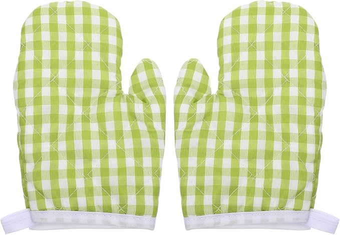 2Pcs Oven Mitts for Play Kitchen, Anti- Scald Gloves Microwave Oven Gloves Kitchen Mitts for Safe Baking Cooking ( Green Checkered )