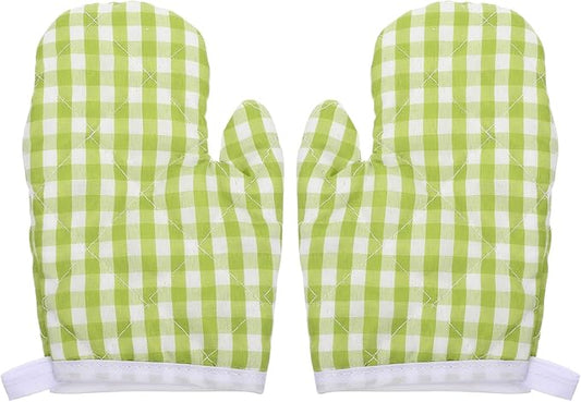 2Pcs Oven Mitts for Play Kitchen, Anti- Scald Gloves Microwave Oven Gloves Kitchen Mitts for Safe Baking Cooking ( Green Checkered )