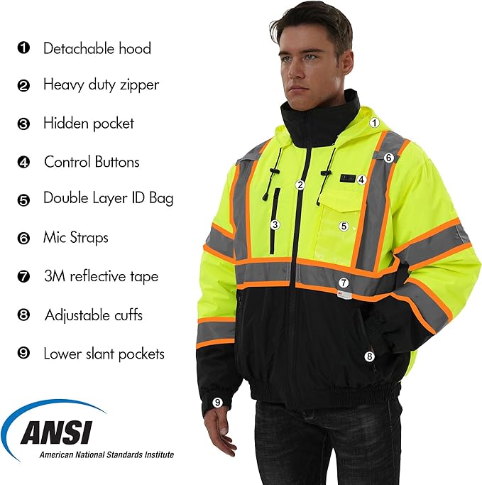 SKSAFETY Heated Safety Bomber Jacket, Class 3 Hi-Vis Waterproof Coat, 3M Reflective Tape, Work Construction Coats