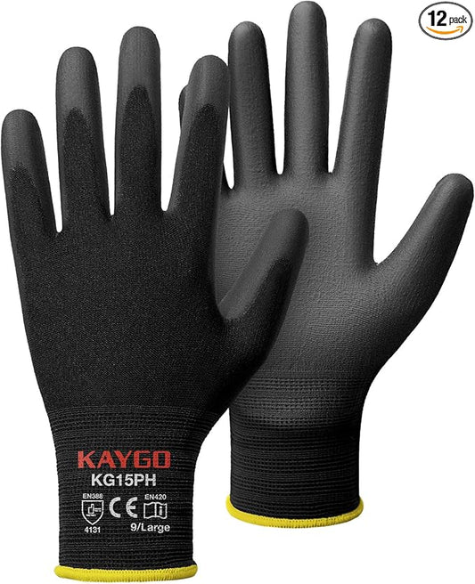 KAYGO Work Gloves PU Coated 12 Pairs, KG15P,Nylon Liner with Flexible Polyurethane Coating,Safety Work Gloves for DIY, Assembly, Warehouse, Light Duty Work (L,Black)