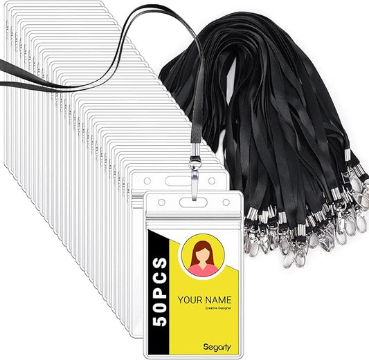 Segarty Lanyards with ID Holder, 50 Pack Vertical Clear Plastic Badge Name Tags Key Card Holders, Black Strap Clips Waterproof Ziplock Nametag Protector for Women, Business, Student, School, Office