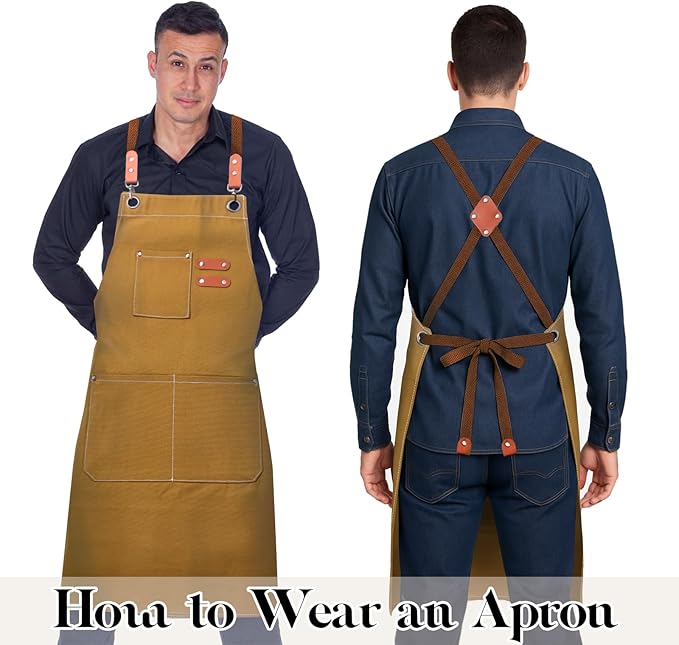 Chef Apron for Men Women with Pockets,Cross Back Cotton Canvas Plus Size Apron for Cooking BBQ Baking Gardening