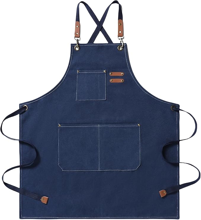 Chef Apron Medium-Thick Cotton Canvas,Cross Back with Multiple Pockets Adjustable Work Apron for Men and Women (Darkblue)