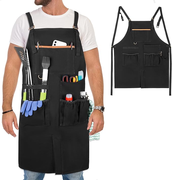 Heavy-duty BBQ Grilling Apron, Outdoor Cooking Apron for Men & Women Chef with Dual Shoulder Straps & Adjustable Buckle, Anti-oil Kitchen Apron with Multiple Pockets & Slit Hem, Apron Only