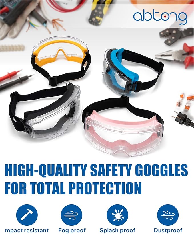 Safety Goggles Over Glasses with Anti-Fog Clear Lens, Eye Protection for Lab Work & Industrial Use - ANSI Z87.1 Certified - Impact Resistance, Chemical Splash, Adjustable Strip - Men & Women