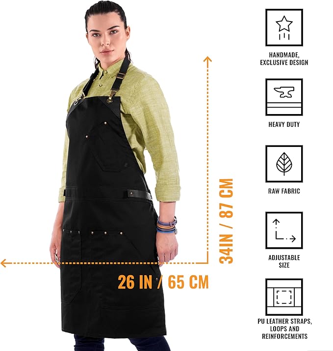 Under NY Sky Barista Apron - Black Leather Straps and Reinforcement - Riveted Pockets - Double Stiched - Leather Ring Loop - Professional Black Twill - Double as Half Bistro Apron - Chefs, Bartender
