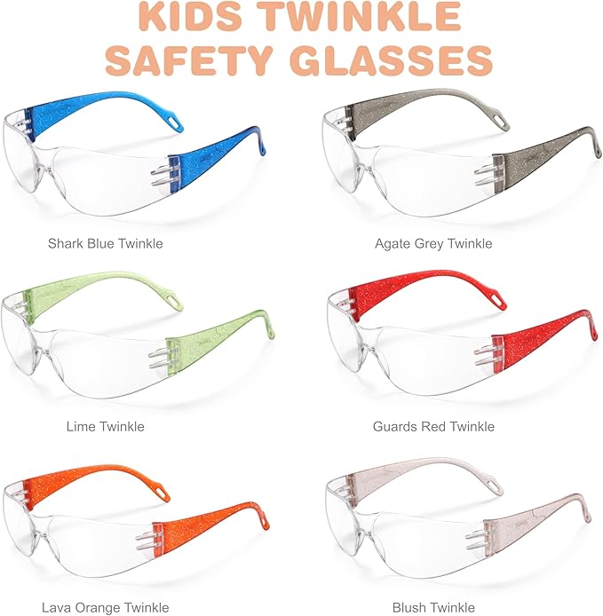 Kids Safety Glasses, Scratch, Impact Resistant Safety Goggles with Clear Lens Assorted Twinkle Color Frame, Eyewear for Lab, Sports,Shooting, Landscaping, Child Youth Size