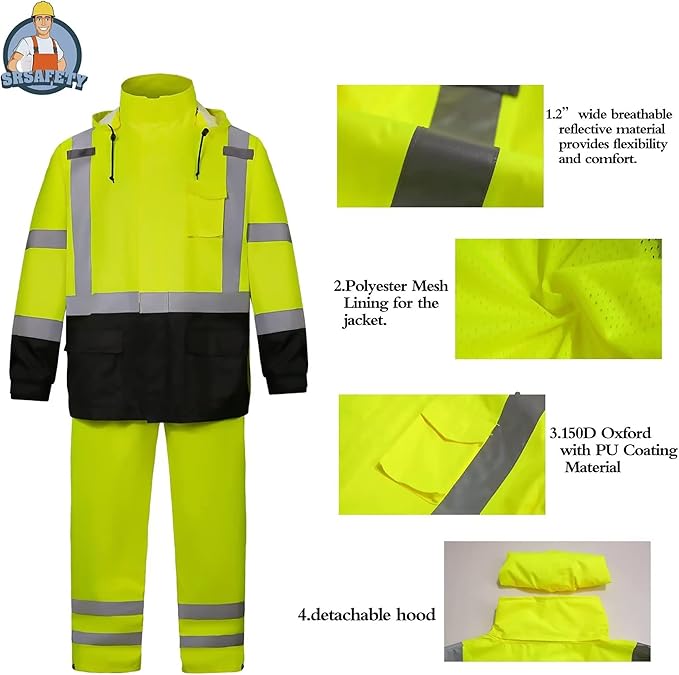 SRsafety High Visibility Rain Gear, Class 3 High Visibility Work Rain Gear for Men, Construction Rain Suits