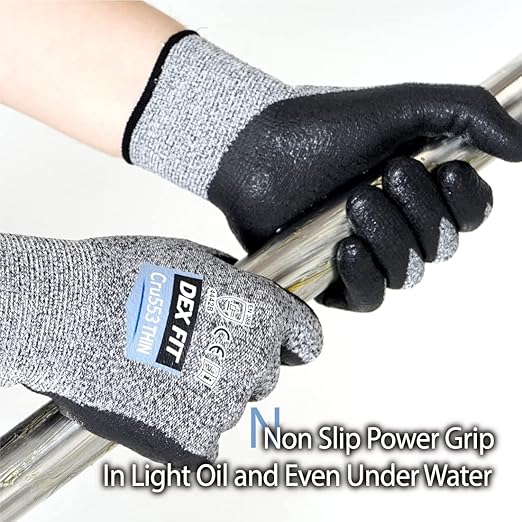 DEX FIT A5 Precision Cut Resistant Gloves Cru553 Thin - 3 Pairs, Firm Grip, 3D-Comfort Fit, Lightweight & Durable, Nitrile Anti-Slip Palms,Touchscreen Compatible for Precision Assembly; Grey M (8)