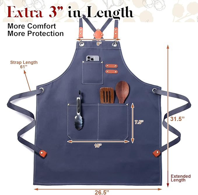 Chef Apron for Men Women with Pockets,Cross Back Cotton Canvas Plus Size Apron for Cooking BBQ Baking Gardening