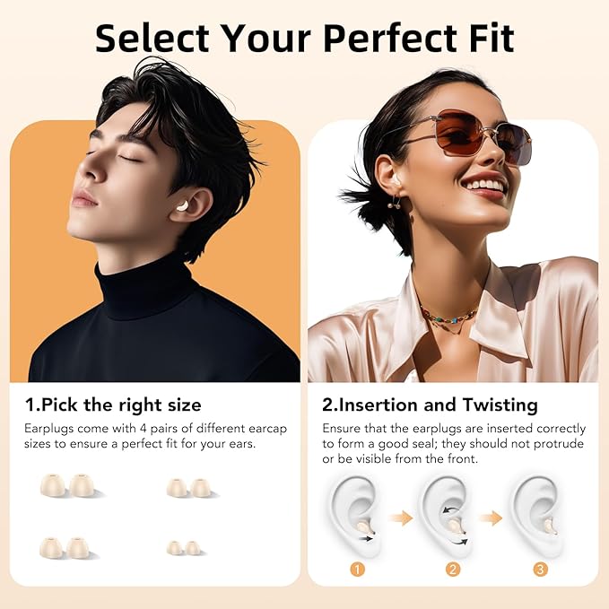 Ear Plugs for Sleeping Noise Cancelling, 45dB for Noise Reduction, Noise-Reducing Earplugs for Sleeping, Concerts, Shooting, Travel, Work, Silicone Hearing Protection Earplugs with Case, Beige