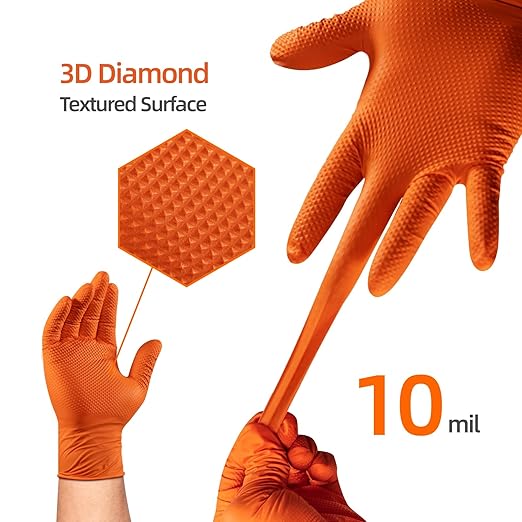 10mil Nitrile-Gloves Disposable-Orange Chemical-Resistant Rubber - Mechanic Gloves Heavy Duty, Latex Free, Diamond Grip (500, Large)
