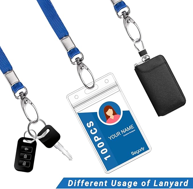 Segarty Lanyards with ID Holder, 100 Pack Vertical Clear Plastic Badge Name Tags Key Card Holder, Blue Strap Clips Waterproof Ziplock Nametag Protector for Women, Business, Student, School, Office