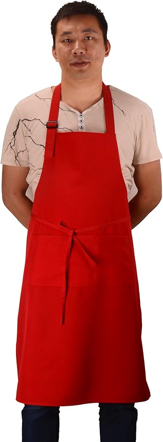 Christmas Red Professional Waterdrop Resistant Adjustable Extra Long Bib Apron 3 Pockets Home Kitchen Garden Restaurant Cafe Bar Pub Bakery for Cooking Chef Baker Servers Craft