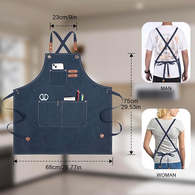 4PCS Chef Aprons - Waterdrop Resistant Cotton Canvas Cross Back Adjustable Aprons for Men and Women