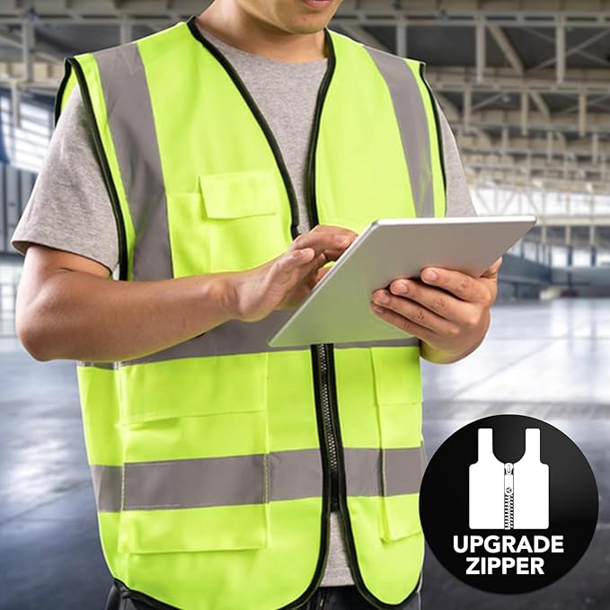 XPCARE 10-Pack Hi Vis Reflective Safety Vest with Pockets, Green High Reflective Strips Zipper Work Vest for Men and Women(X-Large)