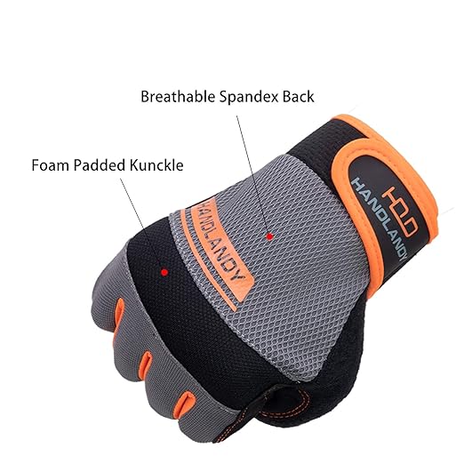 HANDLANDY Work Gloves Mens & Women, Utility Safety Mechanic Working Gloves Touch Screen, Flexible Breathable Yard Work Gloves (Large, Orange)