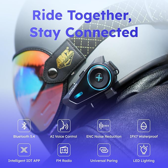 D10 Motorcycle Bluetooth Headset with AI Voice Control, 4 Riders Helmet Headphone Communication System with Noise Reduction/FM Radio/Universal Pairing/ IPX7, 2 Pack