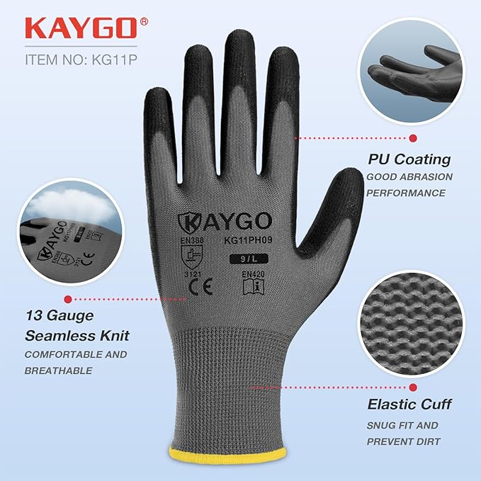 KAYGO Safety Work Gloves PU Coated-12 Pairs, KG11PB, Seamless Knit Glove with Polyurethane Coated Smooth Grip on Palm & Fingers, for Men and Women(X-Large (Pack of 12), Grey)