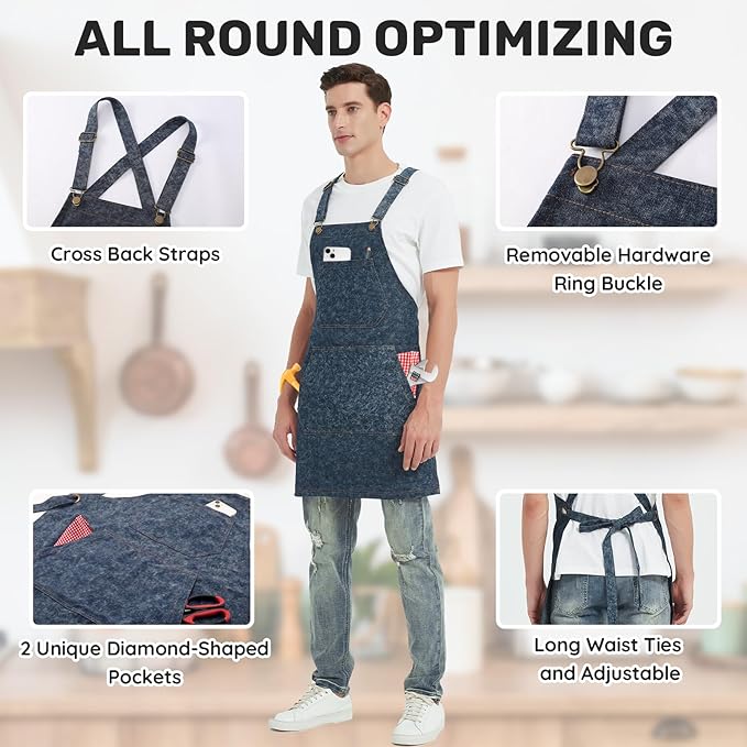 Cotton Denim Apron for Men Women, Cross Back Chef Apron with Large Pockets Removable Straps for Kitchen Cooking Gardening BBQ Hair Stylist Barista, Heavy Duty Jean Work Apron Adjustable Size
