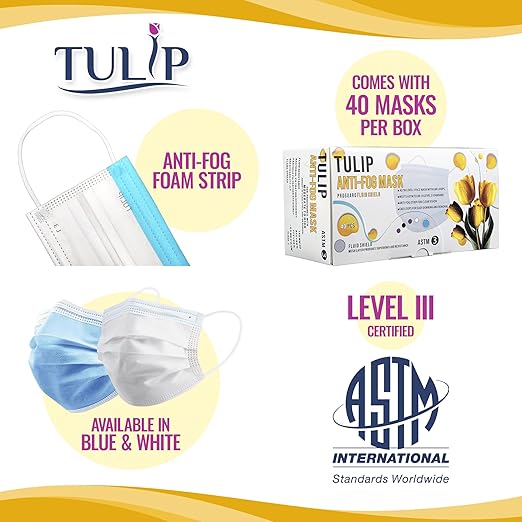 40 Blue Fluid Shield ASTM Level 3 Masks 4-Layer w/Anti Fog Foam Strip