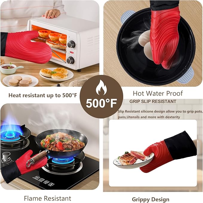Silicone Oven Mitts-13.6 in Extended Oven Mitts Heat Resistant 500F, Oven Gloves with Soft Liner Good Grippy BPA-Free Easy to Clean Flexible-Oven Mits Set for Cooking Baking Grilling BBQ