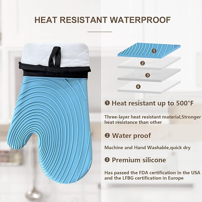 Silicone Oven Mitts-13.6 in Extended Oven Mitts Heat Resistant 500F, Oven Gloves with Soft Liner Good Grippy BPA-Free Easy to Clean Flexible-Oven Mits Set for Cooking Baking Grilling BBQ