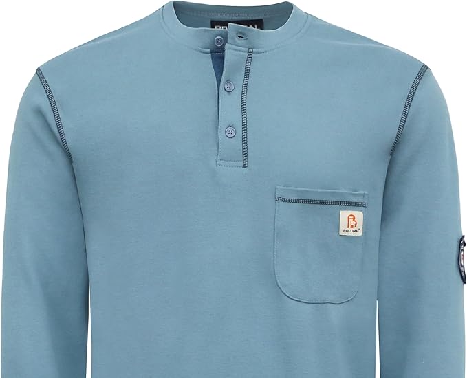 BOCOMAL FR Shirts Flame Resistant Henley Shirt NFPA2112/CAT2 7oz Men's Long Sleeve Fire Retardant Clothing