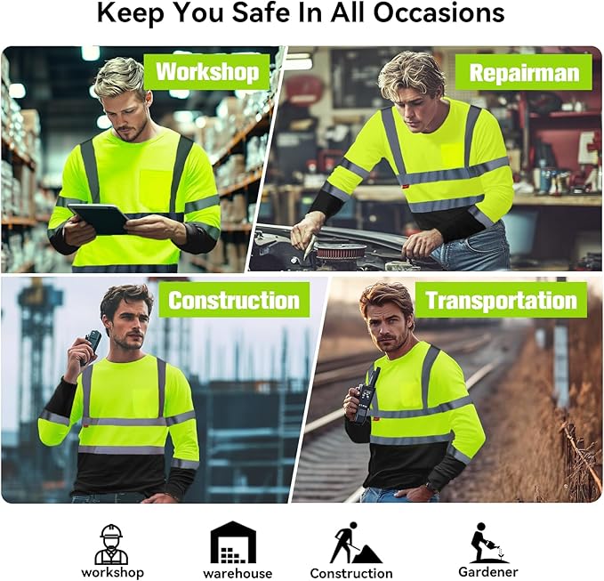 ProtectX Men's High Visibility Heavy Duty Long Sleeve Reflective Safety T-Shirts for Construction, Class 2-3 Type R