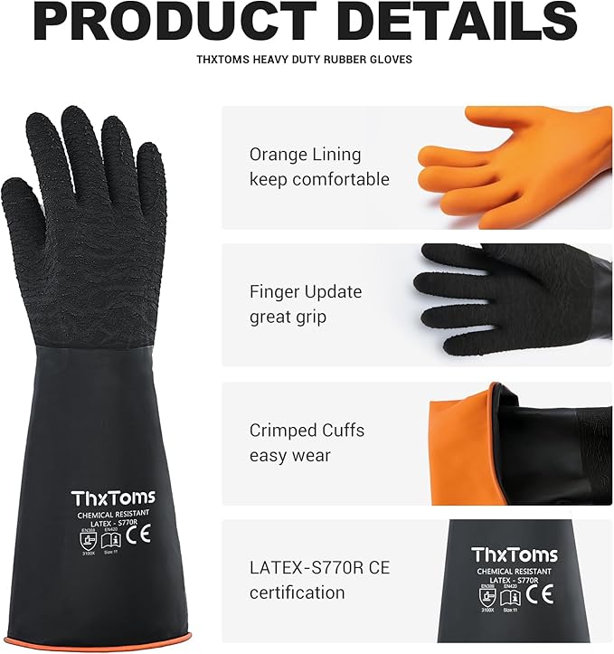 ThxToms Heavy Duty Rubber Gloves, Industrial Chemical Resistant Gloves Waterproof Reusable Protective Work Gloves for Cleaning, Dishwashing,Upgraded with Non-Slip Design, Black, 22" 1 Pair